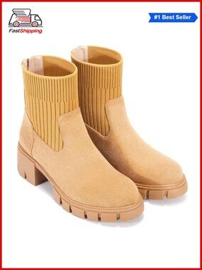 ✨Zelaprox Platform Chelsea Ankle Boots Chunky Heel Mid Calf Faux Leather Booties